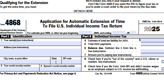 AB IRS Form 4868 Application for Automatic Extension of Time to File US Income Tax Return 2025