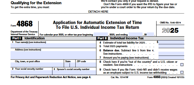 AB IRS Form 4868 Application for Automatic Extension of Time to File US Income Tax Return 2025