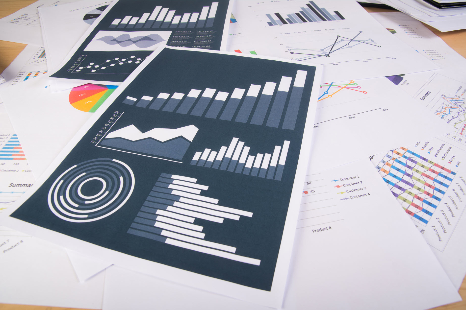 Financial reports containing charts and performance information used to support business decisions
