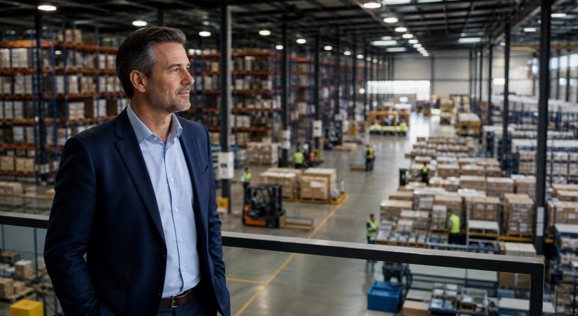 Business owner looking over his growing warehouse operation and considering the future
