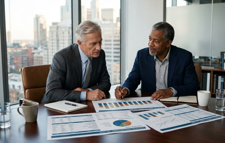 Business owner reviewing financial information and long-term plans with a trusted advisor