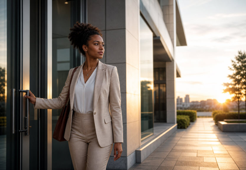 New woman business owner unlocking the door to begin a new day