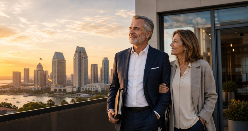 Business owner and his wife considering their future while overlooking San Diego