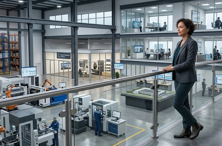 Woman business owner surveying her company's operations while considering its future