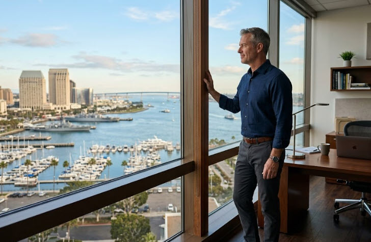Business owner thoughtfully looking over San Diego while considering the future of his business