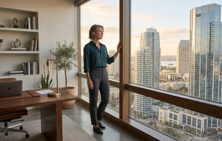 Woman business owner thoughtfully looking over downtown San Diego