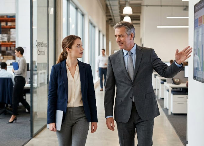 Business owner walking with his adult daughter while preparing her for future leadership