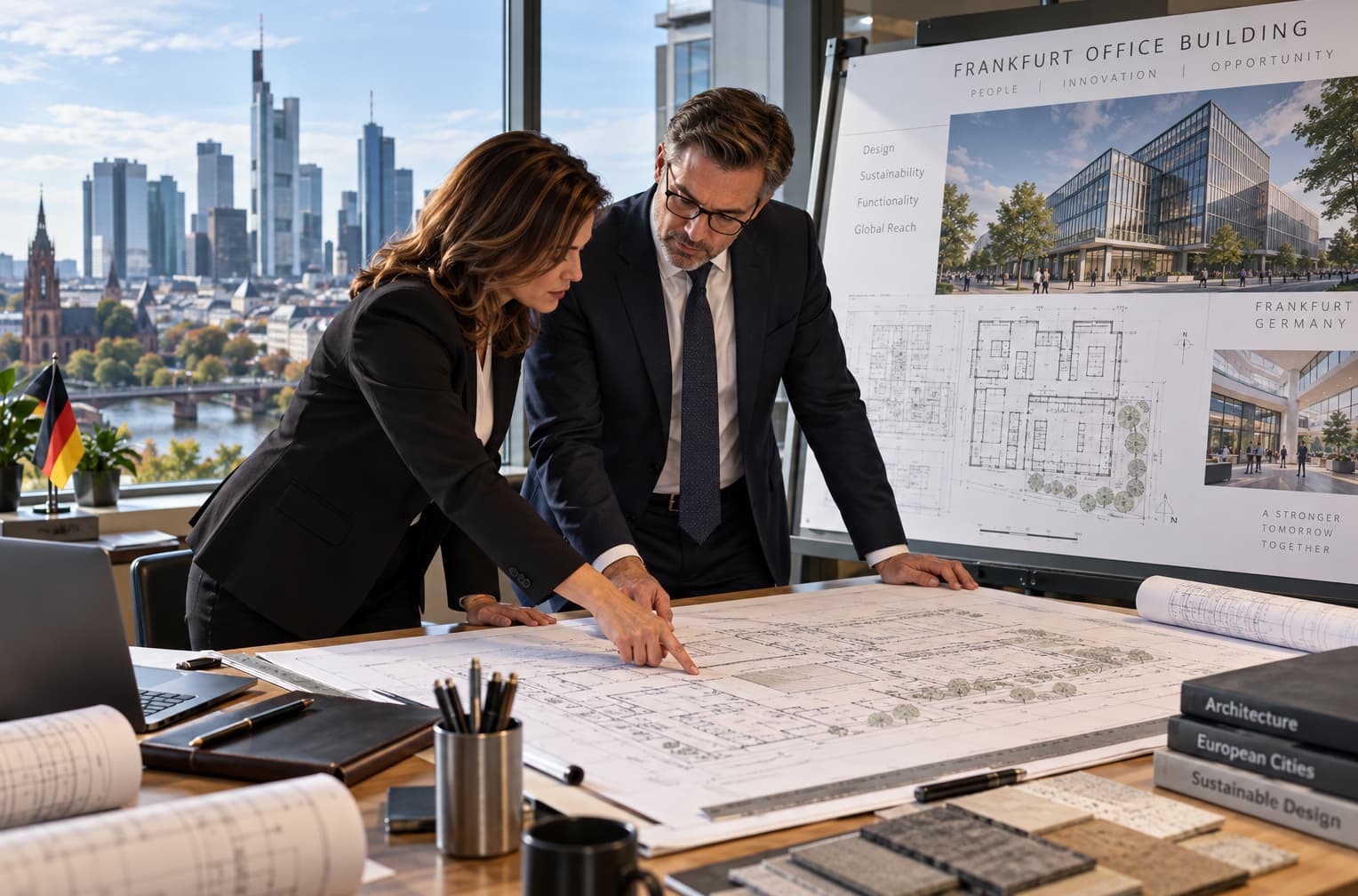 Professionals reviewing plans for a proposed modern office building in Frankfurt Germany