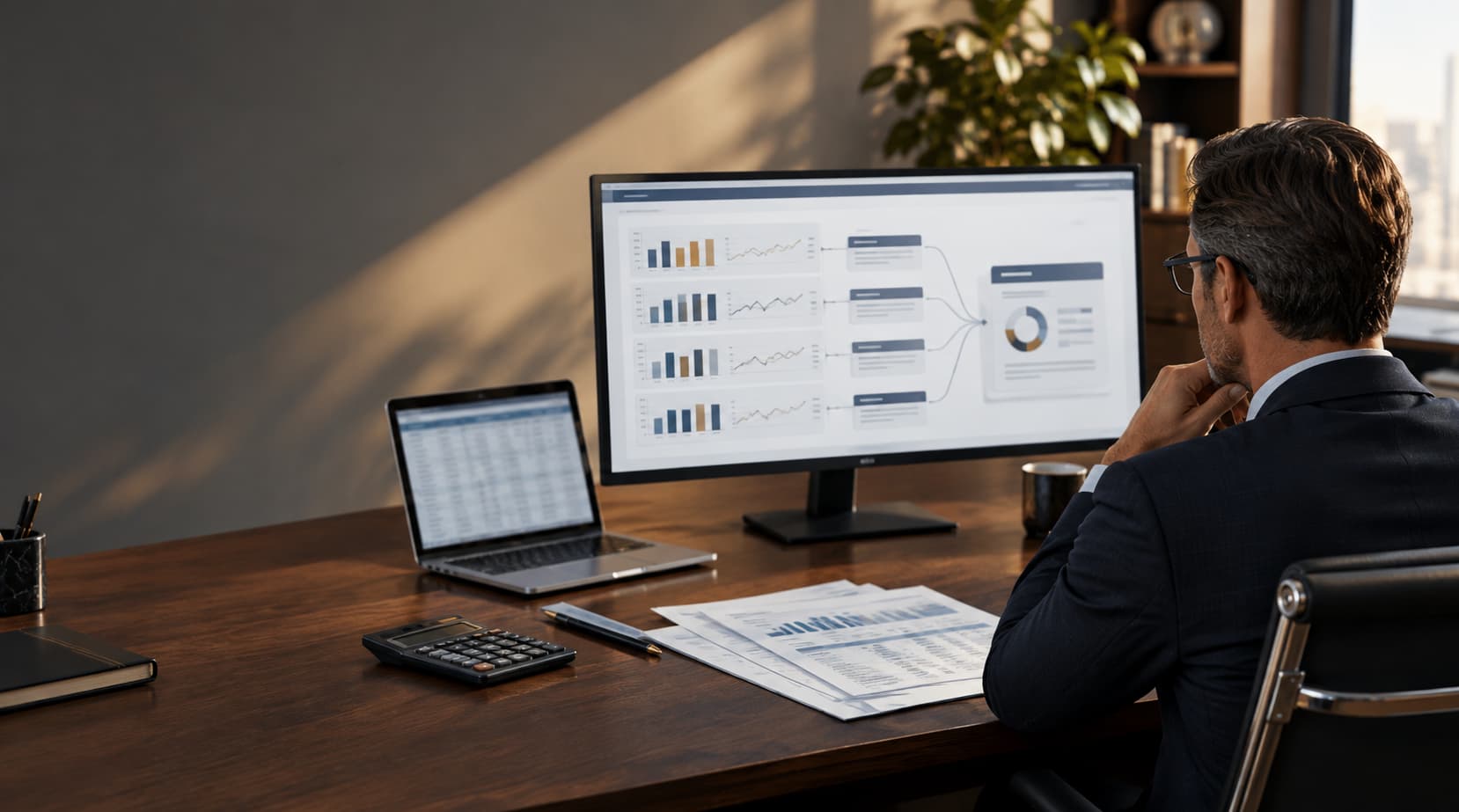 Professional conducting substantial financial analysis in a modern office
