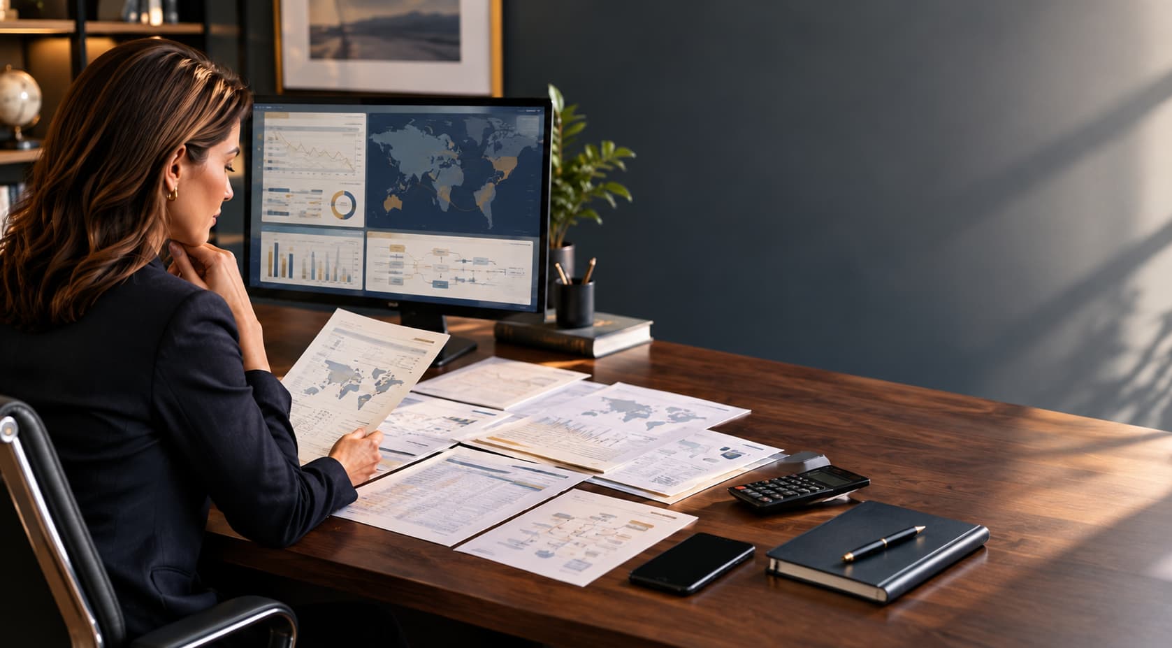 Professional reviewing international tax issues and financial records