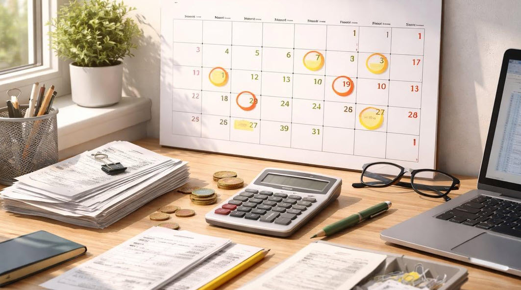 Business records files and calendar representing reporting requirements and deadlines
