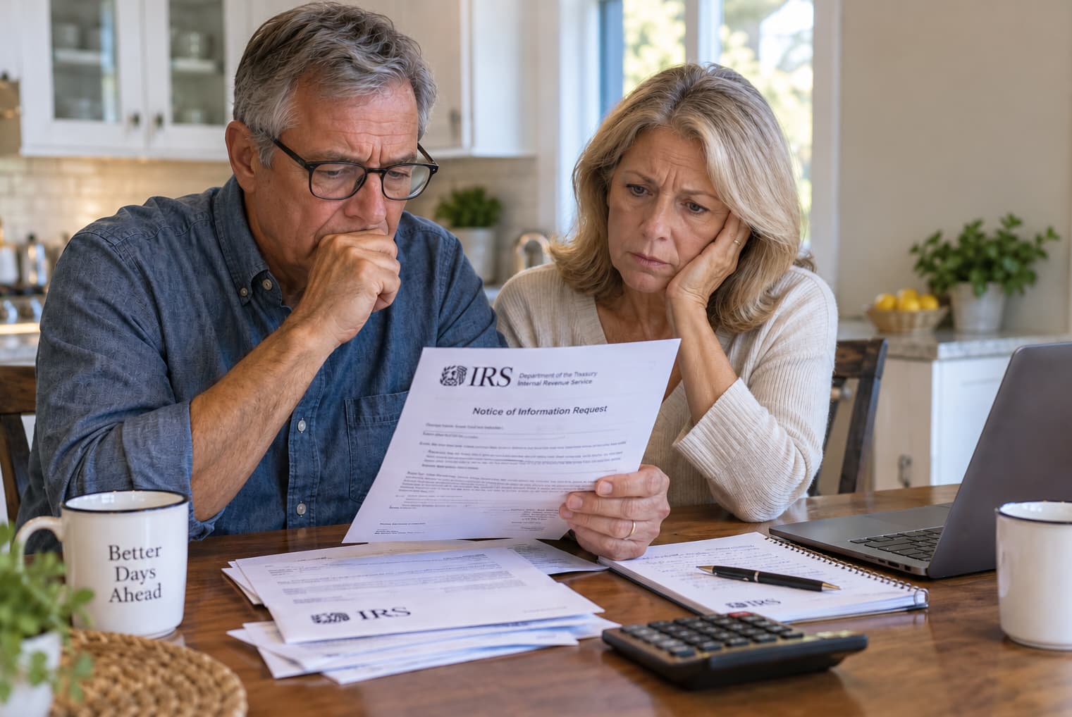 Couple reviewing an IRS notice concerning prior tax reporting