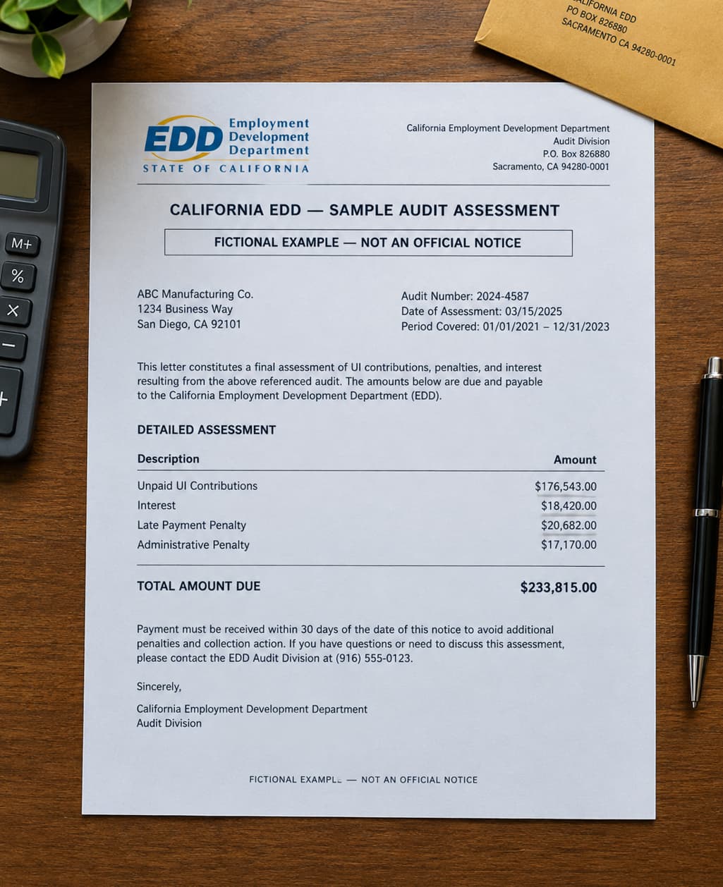 California EDD tax audit assessment fictitious example